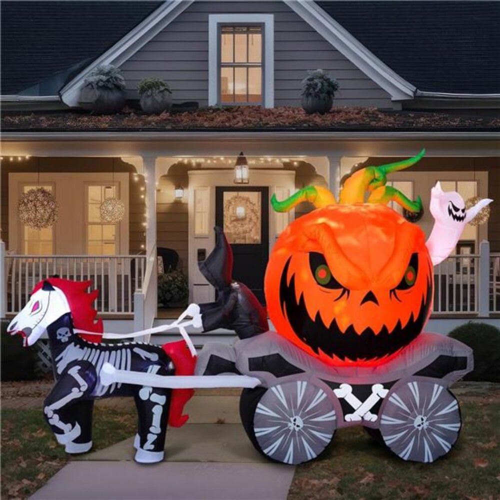 8 Ft Long Halloween Inflatables Pumpkin Carriage Outdoor Decorations